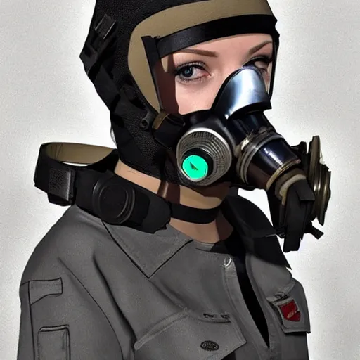 Prompt: woman with s 1 0 gas mask and a tactical uniform, mechanically augmented, trending on artstation, mysterious