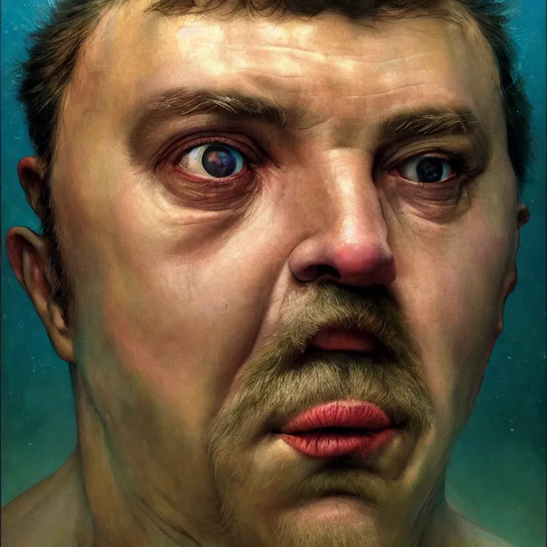 Image similar to Hyperrealistic intensely colored close up studio Photograph portrait of a deep sea bioluminescent Danny McBride, symmetrical face realistic proportions eye contact, sitting in His throne underwater, award-winning portrait oil painting by Norman Rockwell and Zdzisław Beksiński vivid colors high contrast hyperrealism 8k