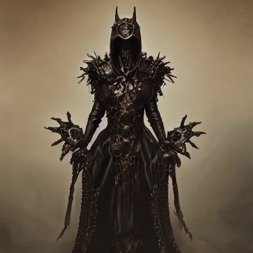 Image similar to dark priest, wearing carved latex armour and transparent black veil, the nine rings of hell, subtle dark gold accents, frontal view, black rococo, emil melmoth, zdzislaw belsinki, craig mullins, artstation