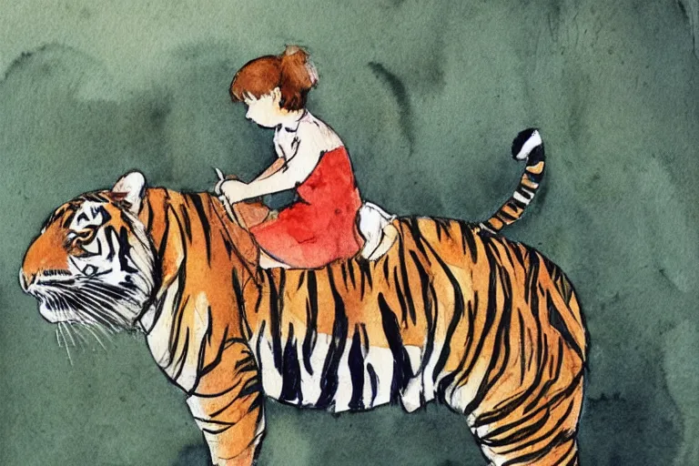 Image similar to girl riding a tiger, art, minimalistic painting, watercolor on paper, high quality, by Berthe Morisot, trending on artstation