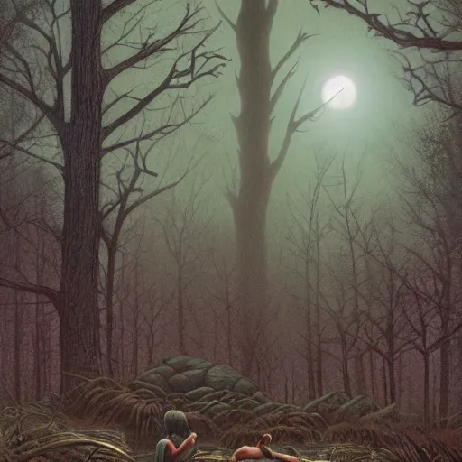 Prompt: stand by me river phoenix looking at a ufo, night time forest with a ufo in the fog, scary, matte detailed photo, DeviantArt, Artstation, by donato giancola, ralph horley, loish, ufo lighting