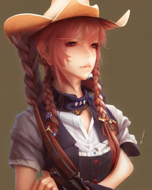 Image similar to character concept art of an anime cowgirl | | cute - fine - face, pretty face, realistic shaded perfect face, fine details by stanley artgerm lau, wlop, rossdraws, james jean, andrei riabovitchev, marc simonetti, and sakimichan, tranding on artstation