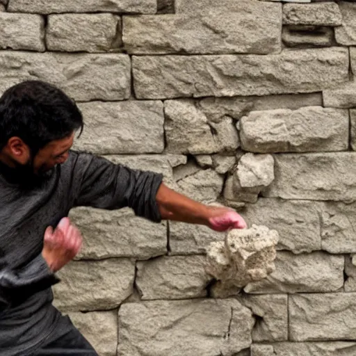 Prompt: a man whit stone skin breaking a wall with a punch.