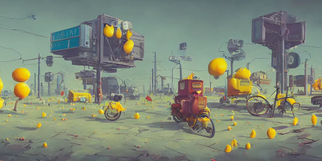 Prompt: the existence of lemons by Simon Stalenhag, trending on artstation, 8k, octane rendered, highly detailed