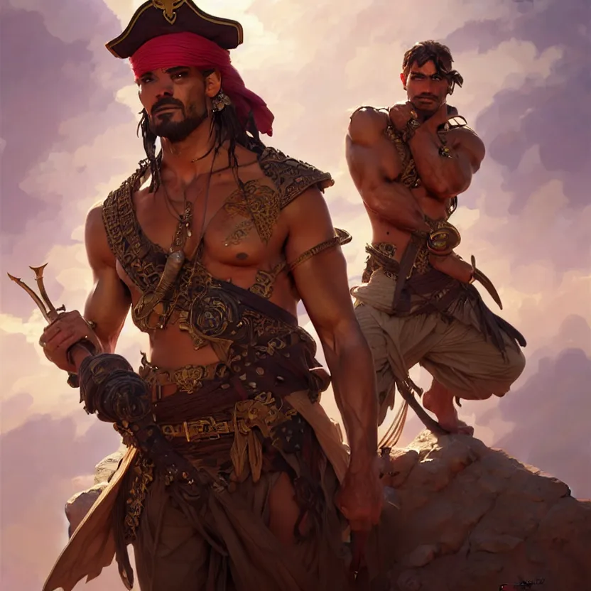 Prompt: , male pirate captain of the desert, muscular upper body, D&D, fantasy, intricate, elegant, highly detailed, digital painting, artstation, concept art, smooth, sharp focus, illustration, art by artgerm and greg rutkowski and alphonse mucha