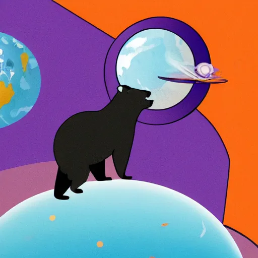 Image similar to cartoon illustration of a bear mascot being launched from a futuristic marble planet, purple and orange cloudland