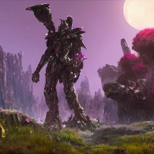 Prompt: corrupted sentinel enjoying picking up flower on infested planet, fantasy art, 4 k, photorealistic, volumetric cinematic, no man's sky