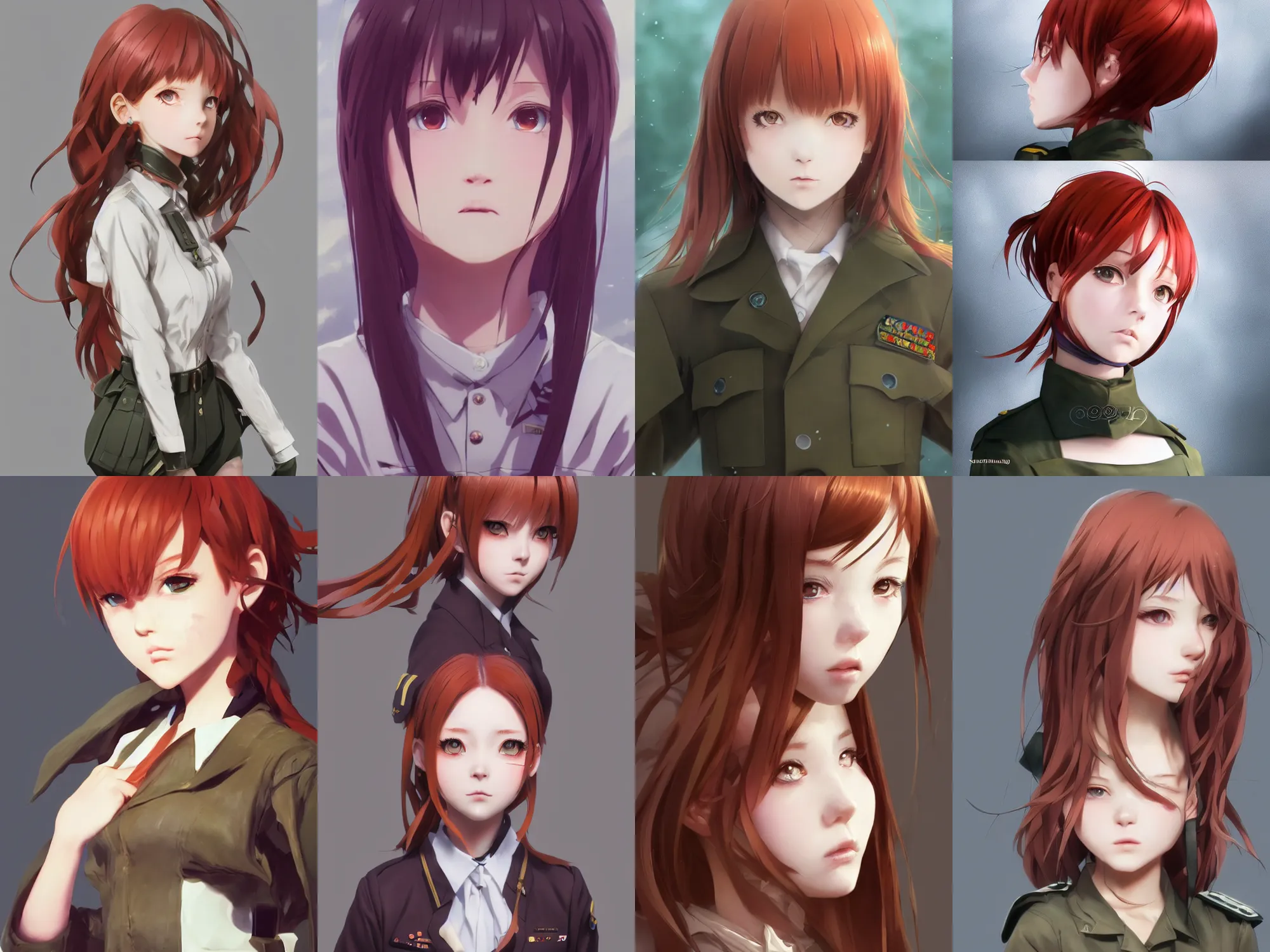 Image similar to Very complicated dynamic composition, realistic anime style at Pixiv CGSociety by WLOP, ilya kuvshinov, krenz cushart, Greg Rutkowski, trending on artstation. Zbrush sculpt colored, Octane render in Maya and Houdini VFX, close-up portrait of young redhead girl in motion, she is frightened, wearing military uniform, silky hair, stunning deep eyes. Very expressive and inspirational. Amazing textured brush strokes. Cinematic dramatic soft volumetric studio lighting