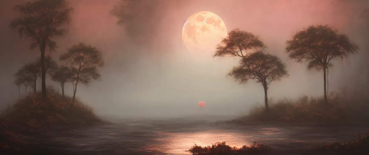 Image similar to dark fantasy oil painting, giant bonsais, big river, bloodmoon, floating mountains, volumetric light, misty, godrays, high details, 8 k