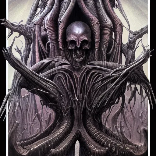 Image similar to a beautiful death metal cover art by Wayne Barlowe and H R Giger and Bill Ellis, trending on artstation