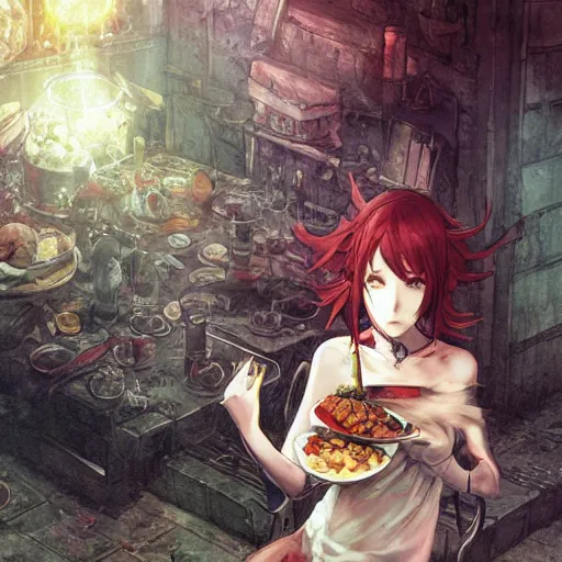 Prompt: goth woman eating dinner color page, tankoban, 4 k, tone mapping, akihiko yoshida, james jean andrei riabovitchev marc simonetti, yoshitaka amano, long hair, curly, h. hydrochaeri