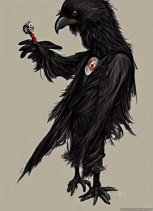 Prompt: an anthropomorphic raven dressed as edgar allen poe, detailed digital art, trending on artstation