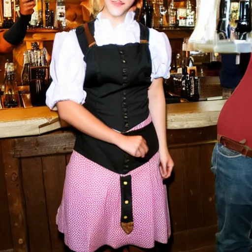 Prompt: Chubby Emma Watson dressed in lederhosen serving as a Bar Maid at Ocktoberfest