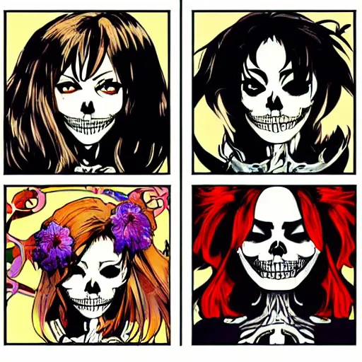 Image similar to anime manga skull portrait young woman hair Joker comic skeleton illustration style by Alphonse Mucha warhol pop art nouveau