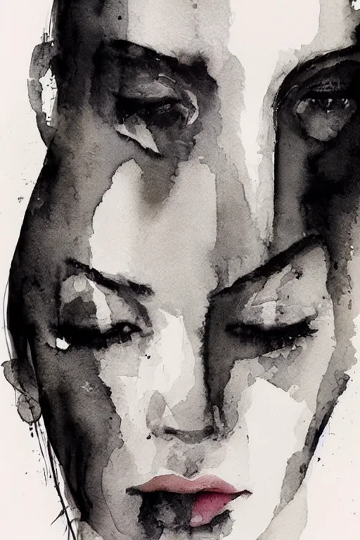 Prompt: beautiful face woman, symmetrical, grey, colorless and silent, watercolor portraits by Luke Rueda Studios and David downton