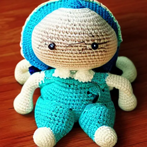 Image similar to product image of a cute crochet grandma made of crochet who's making a crochet. high resolution