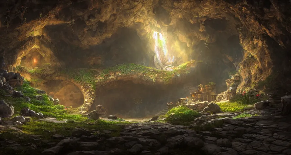 Prompt: An epic fantasy anime style landscape painting of a thieves den hidden inside a cavern, unreal 5, DAZ, hyperrealistic, octane render, dynamic lighting