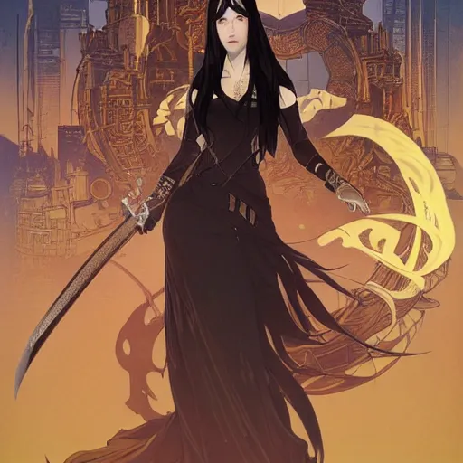 Image similar to portrait of a woman, long black hair, holding sword, in front of a sci fi cityscape, by makoto shinkai, alphonse mucha, masamune shirow, detailed, cinematic, wide angle, dark sepia toned shading, luminescent eyes, detailed face, expressive eyes, blue fire everywhere, trending on artstation.