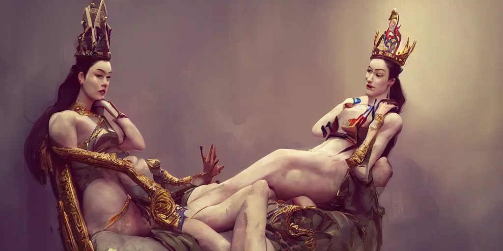 Image similar to Portrait of Stoya as a queen on her throne, by Sergey Kolesov, trending on Artstation, 8k, masterpiece, graffiti paint, dishonored, fine detail, full of color, intricate detail