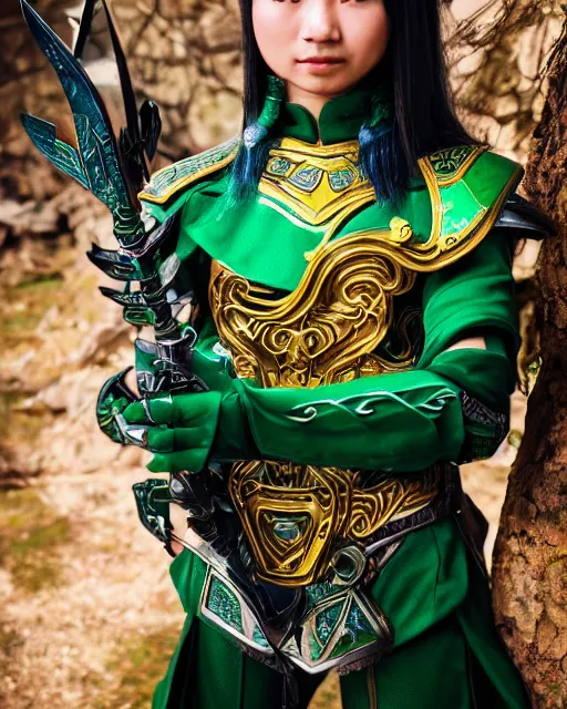 Image similar to a beautiful Asian elf ranger with long hair and green eyes, no helmet, wearing green and gold futuristic mecha armor, with ornate rune carvings and glowing lining and weapons , very detailed, shot in canon 50mm f/1.2