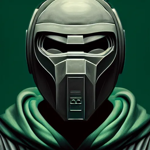 Prompt: portrait of mf doom, gray - metal steel mask, dark green hood, complex background, intricate, elegant, highly detailed, digital painting, artstation, concept art, smooth, sharp focus, illustration, by anato finnstark, boissb - blanca. j, cindy avelino, clint cearley, anna podedworna