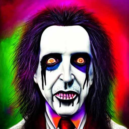 Image similar to an extremely psychedelic portrait of alice cooper as marilyn manson, surreal, lsd, face, detailed, intricate, elegant, lithe, highly detailed, digital painting, artstation, concept art, smooth, sharp focus, illustration,