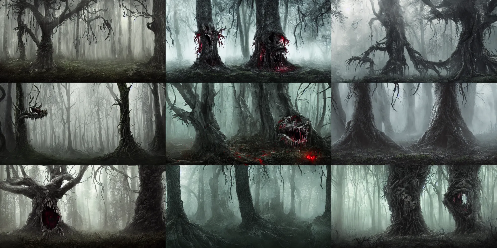 Prompt: dark forest shrouded in mist, a tree with bloody fanged mouth gaping open fangs visible, mouth agape on tree trunk with fangs, forbearing, oppressive, epic composition, digital art, concept art, 4 k, highly detailed