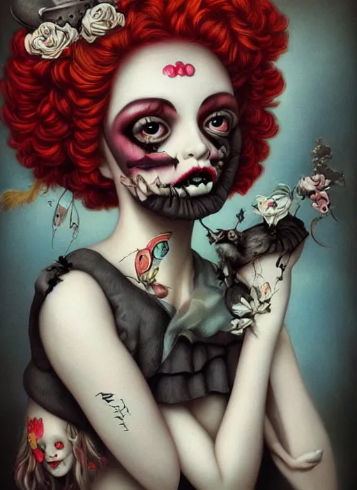 Image similar to pop surrealism, lowbrow art, realistic clown painting, japanese street fashion, hyper realism, muted colours, rococo, natalie shau, loreta lux, tom bagshaw, mark ryden, trevor brown style,