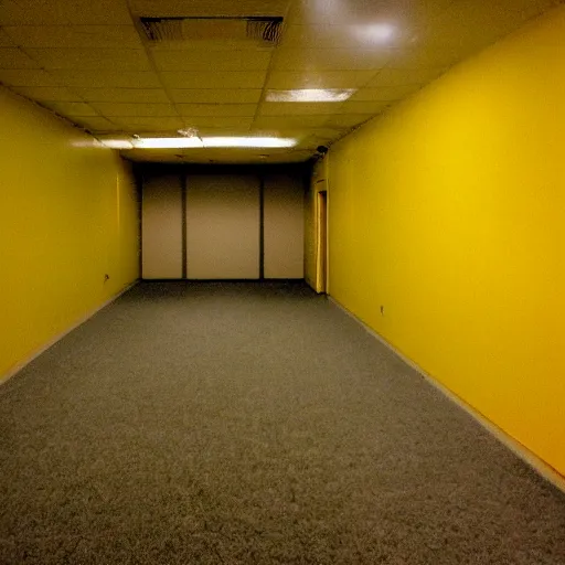 Image similar to flash low quality photograph of the backrooms, mustard - yellow old moldy moist carpet room, empty liminal space, very dark shadows, broken fluorescent lighting, horror movie scene, film grain