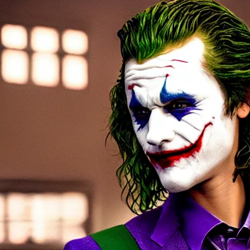 Image similar to movie still of justin bieber as the joker