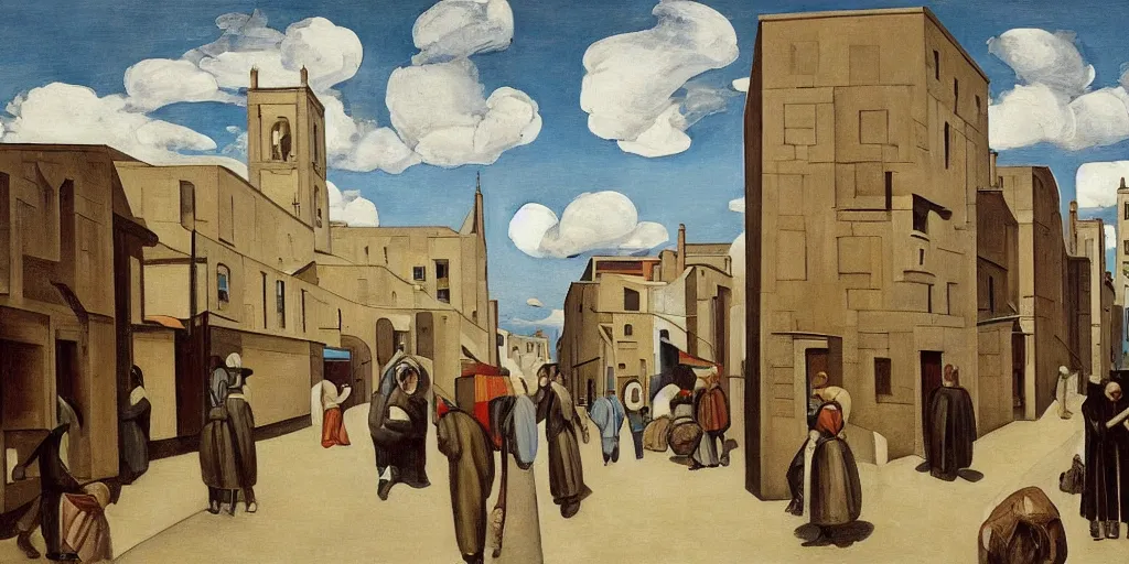 Image similar to a painting of street life in kirkwall, orkney, people,houses, by Giorgio de Chirico