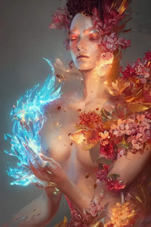 Image similar to torso closeup model wearing exploding flowers fire dress, sorcerer, diamonds, angel, fantasy, dramatic lighting, highly detailed, digital painting, holding electricity, magic the gathering, hyper detailed, 3 d render, hyper realistic detailed portrait, peter mohrbacher, wlop, ruan jia