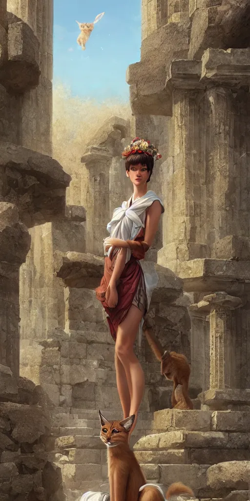 Image similar to fluffy caracals dressed in toga,, ancient greek city, sunny day, by ilya kuvshinov, rtx rendering, octane render 1 2 8 k, maya, extreme high intricate details by tom bagshaw, medium shot, composition by sana takeda, lighting by greg rutkowski