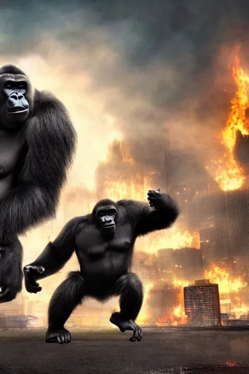 Prompt: concept art of huge gorilla fight with gorilla on burning tokyo city, cinematic composition, perfect lighting, art station trending