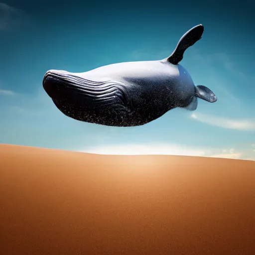 Image similar to a magic whale jumping out of the sand majestically, realistic, 4 k