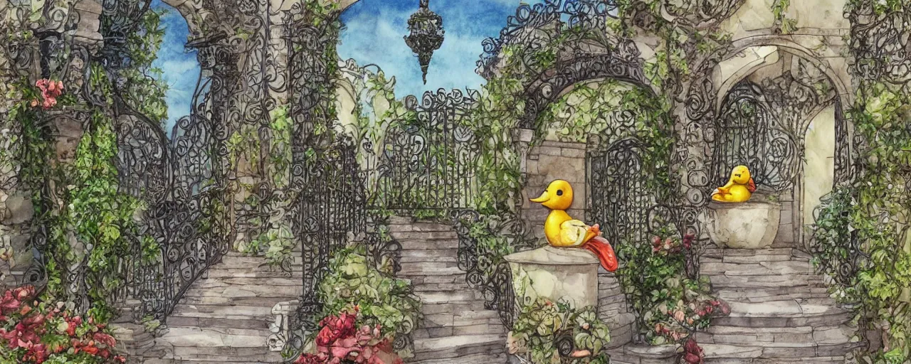 Prompt: courtyard walkway, rubber duck at center, castle, stairway, chairs, wrought iron, gate, botanic garden, botanical herbarium paper, watercolor colored painting, iridescent colors, realistic shaded, fine, artstation, italian style, colonnade ornate headdress, craving, carved, insanely detailed