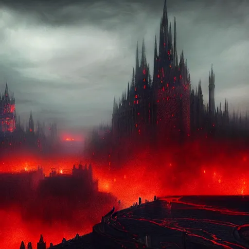 Image similar to beautiful fantasy city made from black stone and red iron, medieval city, metropolis, dark gorgeous clouds, black marble, lava, digital art, landscape, fantasy art, octane render, unreal engine, high detail, very realistic, horror, thick red fog, by greg rutkowski. by james gurney