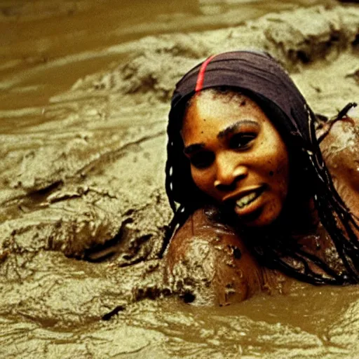 Prompt: film still, close up, serena williams rising out of muddy vietnam river, face covered in mud, low camera angle at water level, night time, film still from apocalypse now ( 1 9 7 9 ), 2 6 mm.