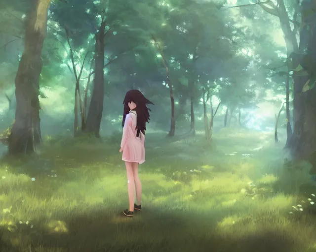 Image similar to a girl with two wings on her back in a forest. By Makoto Shinkai, trending on ArtStation, digital art.