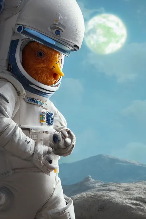 Image similar to a lonely chicken wearing a space suit without helmet in a alien planet, profile picture, digital art, concept art, trending on DeviantArt, highly detailed, high quality, 4K, cartoon, high coherence, path traced, blue sky in the background, octane render, digital painting, no helmet, masterpiece, anatomically correct, hyperrealistic