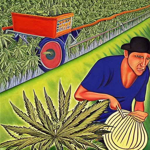 Image similar to alex gray painting of a man harvesting a cannabis plant