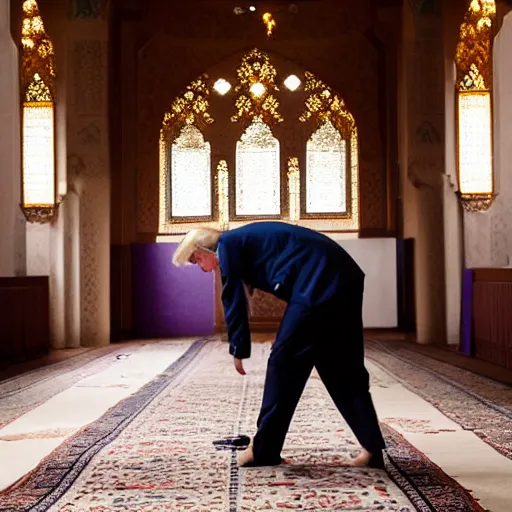 Image similar to Trump praying in mosque, award winning cinematic photography, 50 mm, blurred background, perfect faces