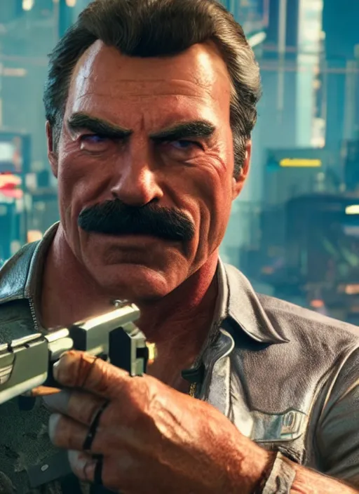 Prompt: film still of tom selleck as johnny silverhand in cyberpunk 2 0 7 7, gameplay, 8 k, hd