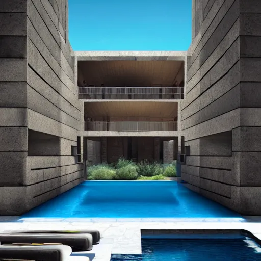 Prompt: architectural rendering of brutalism habitat 6 7 in the desert, biophilia mood, pool, garden