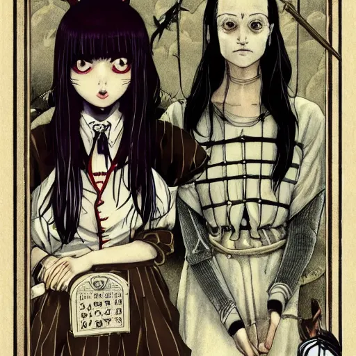 Image similar to precisely drawn illustration of anime wednesday addams, old-fashioned tarot card, victorian playing card, sepia tone, wide angle, sharp, fine details, anime, manga, cyberpunk, realistic shaded lighting by katsuhiro otomo ghost-in-the-shell, magali villeneuve, artgerm, rutkowski Jeremy Lipkin and Giuseppe Dangelico Pino and Michael Garmash and Rob Rey