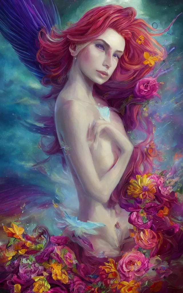 Image similar to a colorful and provenance portrait painting of angel with her hugeflowers wings spread out gracefully, highly saturated colors, teardrop eyes open, highly detailed, hair made of hair made of air wind and curling smoke, mist, dust, genie, flowers, flower, spirit fantasy concept art, art by charlie bowater and aenami, trending on artstation.