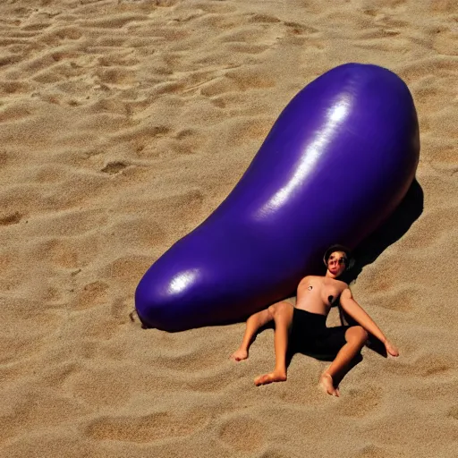 Image similar to anthropomorphic huge eggplant sunbathing on the beach among people, photo,