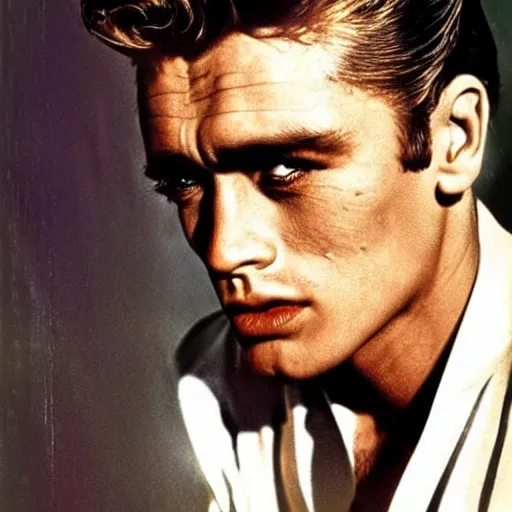 Prompt: genetic combination of james dean, elvis presley, sean connery, and frankenstein's monster. handsome man, prominent cheekbones, deep dimples, strong jaw, striking, hunk. face and upper body focus.