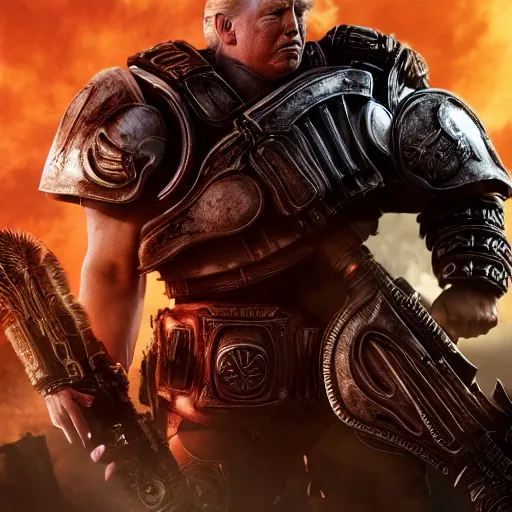 Image similar to Photo portrait of Donald Trump as King Leonidas in Gears of War, splash art, movie still, detailed face, photorealistic facial features, cinematic lighting, dramatic, octane render, long lens, shallow depth of field, bokeh, anamorphic lens flare, 8k, hyper detailed, 35mm film grain