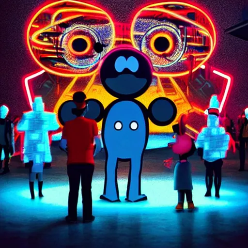 Prompt: a group of people standing around a giant one - eyed mickey mouse, cyberpunk art by david lachapelle, cgsociety, dystopian art, netflix neon logo concept art, neons, interior